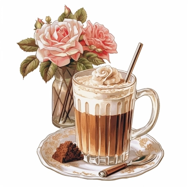 vintage hot cappuccino plan heart transparent vintage glass, little cake and chocolate sticks,one flower digital clipart on white background