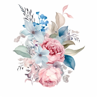 minimalistic and filigree watercolor clipart of a beautiful Dreamy soft pink and light blue flower arrangement for wedding cards, white background, seperated