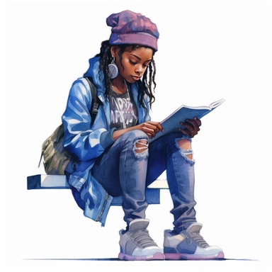 watercolor clip art image of a black teenage girl wearing hip-hop clothes holding a magical book, waiting at a bus stop