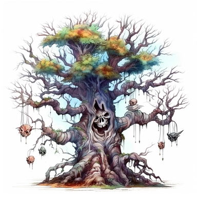 Highly detailed watercolour clipart, haunted tree, spooky, halloween, fantasy, highly detailed, fantasy cartoon illustration, whimsical, UHD, 8K, 3D, solid white background