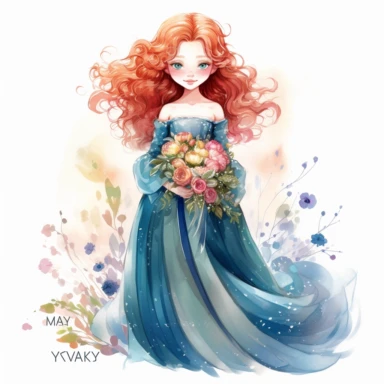 watercolor Scottish princess Merida, long, curly red hair, bright blue eyes, in formal gown, holding a delicate bouquet of flowers, clipart, white background, by Kawacy
