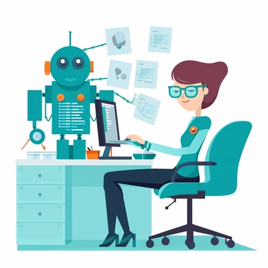 clipart office worker female automating hundreds of crm emails and tracking and data analytics with cute ai robot puppet, turquoise