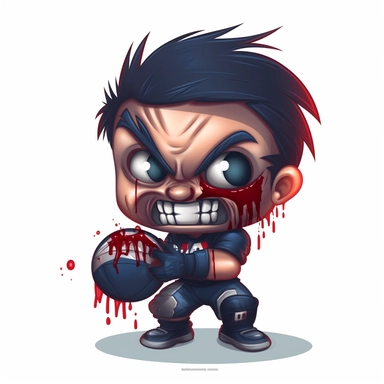 ClipArt of a chibi football player male with an evil smile Glowing red eyes, holding a grenade football, wearing a dark-blue ripped up football, jersey realism with a white background ar-- 2:3
