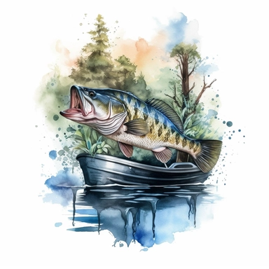 Bass Fishing from Boat on the Lake, watercolor Illustration clipart, 4K, extremely detailed