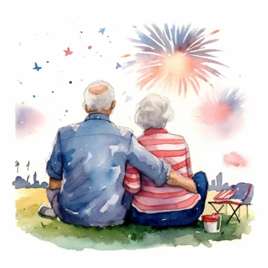 old couple watching Fourth of July fireworks, sitting on blanket on grass, clipart, watercolor style, defined edges, white background