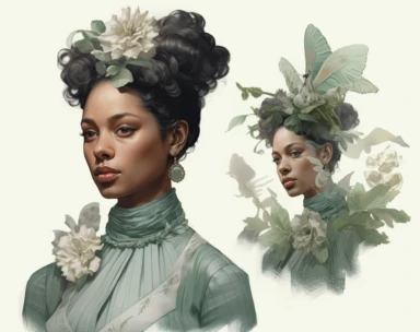 mint green pastel vector clipart african american mrs, in the style of dark white and light emerald, victorian-inspired illustrations, detailed botanical studies, nick alm, jeannette guichard-bunel, sterling silver highlights, hand-painted details