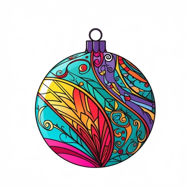 colourful christmas ball Ornament illustration, cartoon clipart style, thin black outline, Vector style illustration, Decal Cut, Clear and Clean image, white Background, 8k, full hd