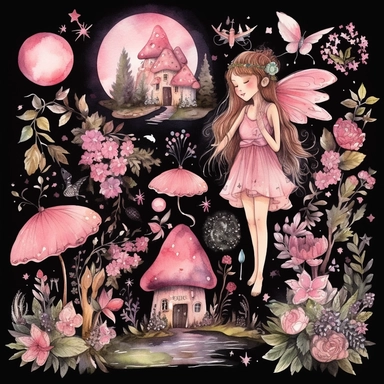 Pink Fairy watercolor clipart, enchanted forest, fairy tale graphics, nursery clipart, magical fairy, Junk Journal, black background