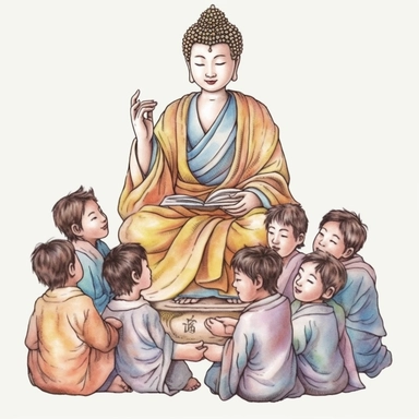 Buddha glory teaching kids, watercolor style, clipart solid white background