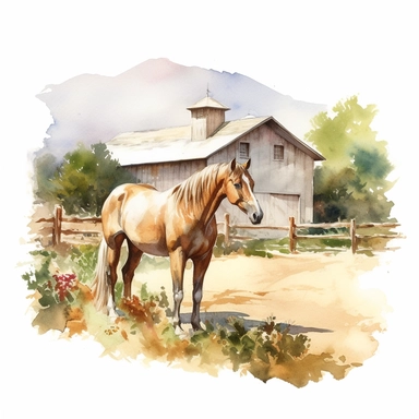 realistic watercolor drawing of a horse on a charming California farm, on a white background where the background will be removed to repurpose as a clipart.