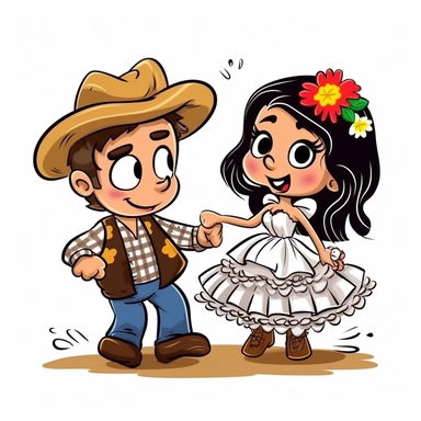 A newlywed couple dressed for a Brazilian junina, happy, Monica's gang style, Graphics Maurício de Sousa, digital art, big eyes, cartoon, clipart , country girl from festa junina from brazil cute drawing white background