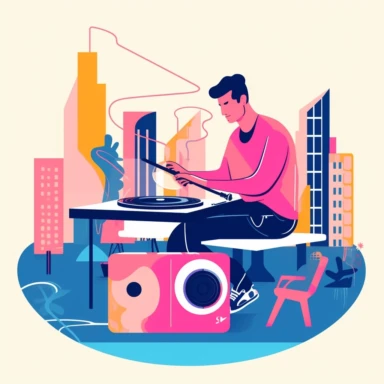 Clip art of city pop style,record player, Young man listening to music with headphones, Illustration background is white