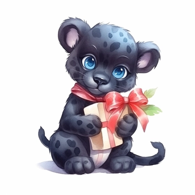 Cute cartoon black panther with bow clipart for childish cards and books, illustration style, on white background, 4k, detailed, hd, watercolor