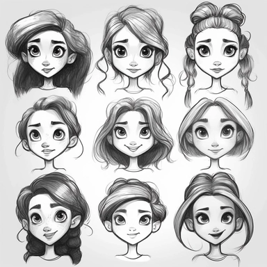 types of girl face cliparts printable, in the style of cute and dreamy, dynamic and expressive animations, pencil sketch