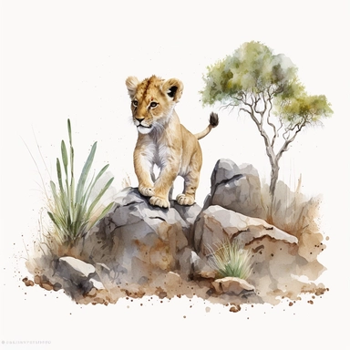 full body portrait of adorable cute tiny happy baby lion running playing on safari rocks and trees in backround watercolor childrens Clipart white backround