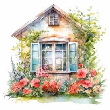 Watercolor spring window with flowers. Countryside summer house clipart white background
