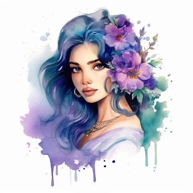 dreamy realistic watercolor princess jasmine, clipart, white background, florals, violet and aquamarine, transparent medium, dark hair, Arabic skin color
