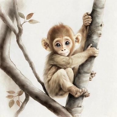 watercolor, clipart, cute little monkey swinging on a tree in the style of hyper-realistic animal, highly detailed illustrations, arbeitsrat für kunst, soft watercolours, full view animated gifs, sparklecore