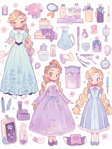Stickers, Clipart, Full body display, Knolling layout, cute Princess Style themed, accessories neatly placed in equal proportion, larger spacing, 10 to 15 objects, pocket sticker, stationery set, vector stickers, high detail, charater sheet, Planner Stickers, Bright Colors, Hand Drawn Artwork, Watercolor Design, single design, 8k, white background