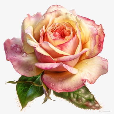 Design a clipart of a fully bloomed rose in its prime. Focus on capturing the exquisite texture and vibrant colors of the petals, showcasing their velvety softness. The ultra-detailed approach should highlight the minute details of each petal, such as subtle gradients and tiny dewdrops. Against a white background, the clipart will exude a sense of purity and perfection.
