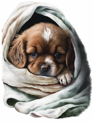 baby dog in a blanket, watercolor clipart, transparent background,