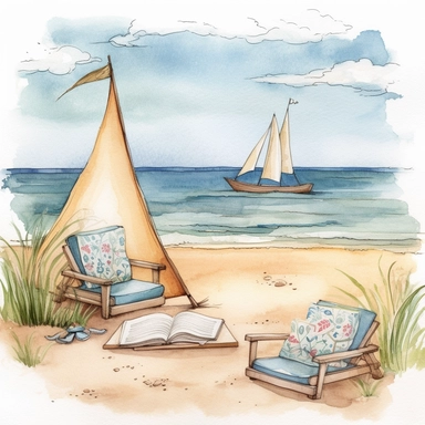 Beach Reading Nook clipart, Coastal Reading Corner, Beach Boho, watercolour style, sailboats in the background