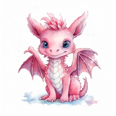 watercolor, white background, no text, clipart of a baby pink dragon, first plan, majestic, cute, wings
