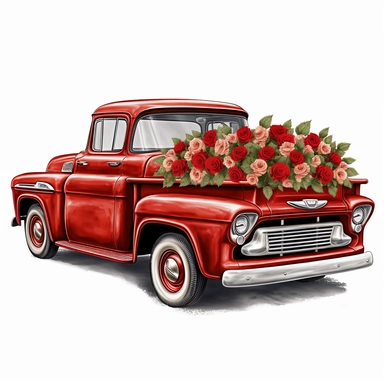 chevy pickup truck filled with red roses in the back clipart,hd, white background