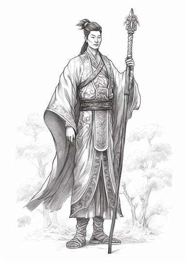 a clipart image of an asian man holding a stick, in the style of intricate costumes, line drawing style, realistic fantasy, eastern zhou dynasty, anime-inspired characters, contest winner, traditional chinese