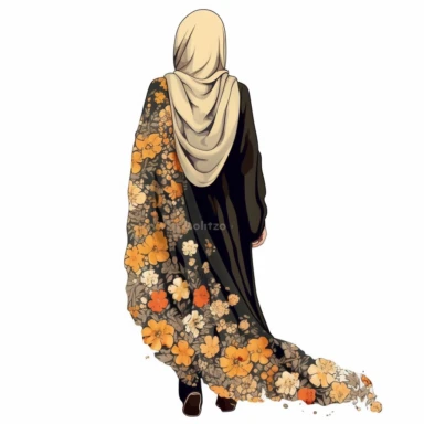 Hijabi woman back full body view clipart illustration, no face is seeing, muslim lady clipart, veiled woman clipart, floral lady hijab clipart , digital illustration style,