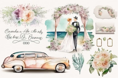 Watercolor clipart, Wedding car, limousine