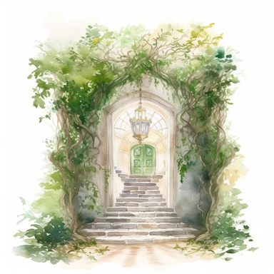 watercolor overgrown castle clipart, tree in hallway, no background, greenery