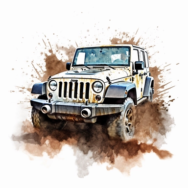 Realistic illustration of a 4 door rubicon Jeep wrangler 2013, silver body with black top, driving up a muddy hill, watercolor style, clipart style on white background, 8k, hyper realistic paint with splashes