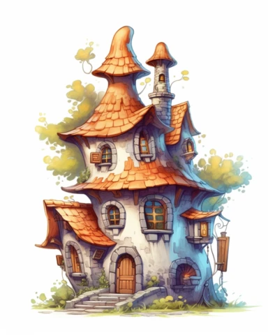 enchanted detailed fantasy fairy tale elf house in cartoon style, creamy warm blue colors on white plane background, impressive, clipart