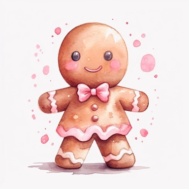 watercolor, Cute christmas gingerbread man watercolor clipart, light pink color scheme, christmas style, isolated white background, single design, single object, print on demand image, PNG transparent background, white background for removing background - - no text shadow font