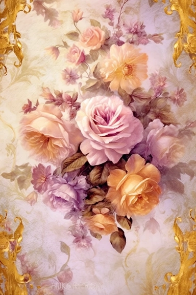 Vintage shabby golden damask pattern clipart vignette with delicate floral patterns along the sides and corners of the image, small cute bright oil painting vignette with beautiful roses and blooming lilacs, light pastel tones in the center of the image,