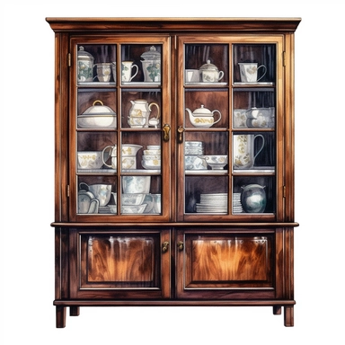 watercolor, hyper realistic, white background, white margins, 16k, ultra detailed clipart, cut out image, hand-drawn vintage wooden cupboard with a warm brown finish and glass doors,