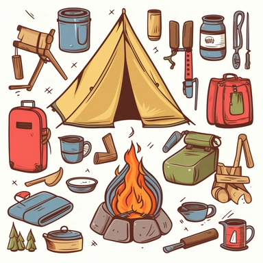 Create a set of cartoon-style clipart featuring various camping elements, such as tents, sleeping bags, flashlights, campfires, folding chairs, and outdoor cooking utensils. Use bright colors and a playful style to bring these camping essentials to life and make them appealing, white background