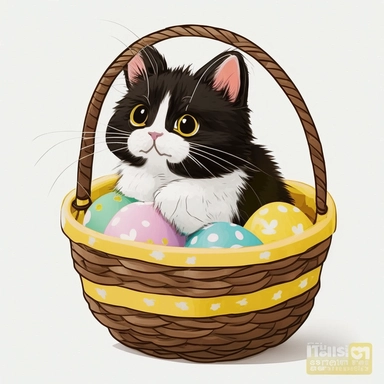clipart of very cute bicolor tuxedo kitten, playing in a basket full of easter eggs, solid white background, in the style of mary blair, vintage disney animation style