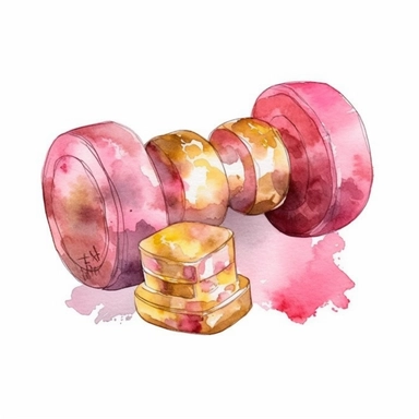 sweet pink and gold hand-painted in watercolors, workout equipment clipart, dumbbell clipart , isolated white background, single design, sharp, bold, hand-paint