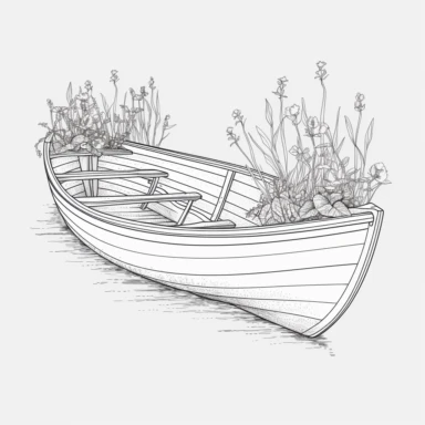 coloring page for adults of an old rowboat as a planter, white neutral background, clean line art, low details , 1,5px thick black lines, low detailed clipart