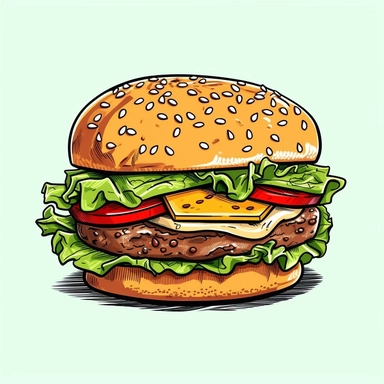 Envision a hand-drawn clipart of a delicious hamburger. The attention to detail is stunning, from the lightly toasted sesame-seed bun, the sizzling patty with grill marks, to the fresh lettuce, ripe tomato slice, and melting cheese. The color contrast between the warm tones of the patty and bun, the fresh greens and reds of the veggies, and the creamy yellow of the cheese adds to the appeal. Set on a clean, white background, this hamburger clipart seems to invite you to reach out and take a bite