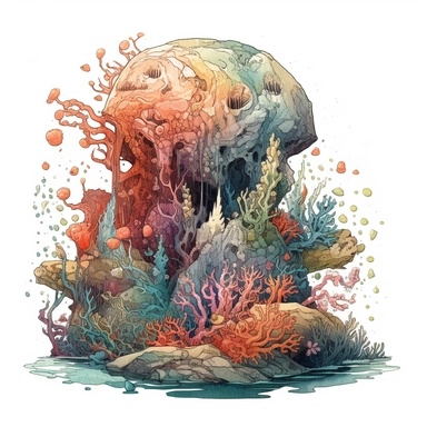 coral illustration of a double le exposure rock octopus & colourful coral reef drawn with stones, clipart
