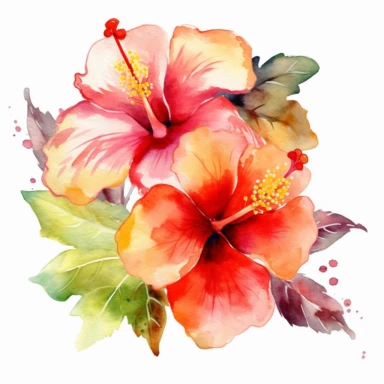 Watercolor Tropical Hibiscus Clipart by Thomas W. Schallerof: A vibrant and exotic design featuring tropical hibiscus flowers in shades of pink, orange, and red on a white background. The flowers are different-size and bold, while the leaves are thick and tropical, creating a lively and festive composition