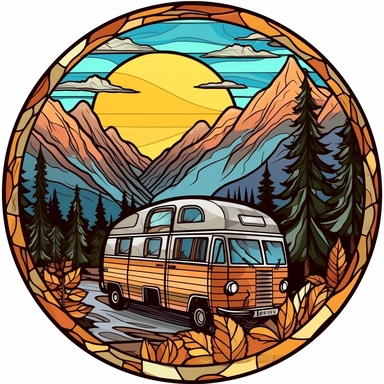 Stained Glass Camper in the mountains in the shape of a circle PNG Clipart