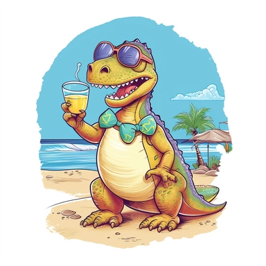 a foolish and cute dinosaur having fun at the beach holding glass of lemoned , clipart style, white bg