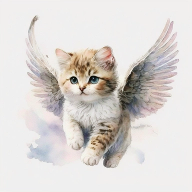 kitten with angel wings flying, cute, watercolor, white background, clipart