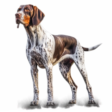 pointer dog in the style of digital airbrushing standing realistic yet stylized, digitally enhanced, clipart, 32k uhd, detailed crosshatching white background