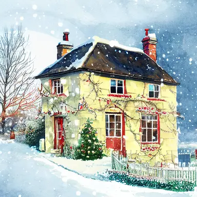 christmas, cute English country cottage, symmetrical, winter, snow, watercolor, clipart