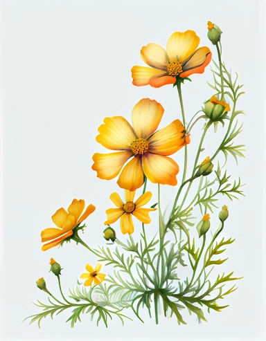 detailed vibrant watercolor yellow cosmos flower side corner border , isolated on white background, realistic, clipart
